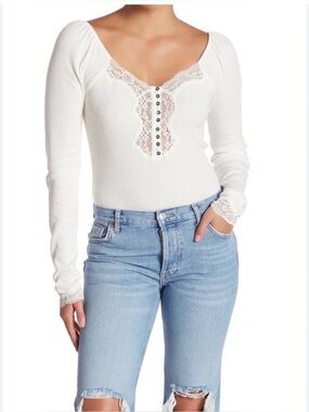 Free People To The West Ribbed Lace Trim Ribbed Button Up Long Sleeve Shirt L